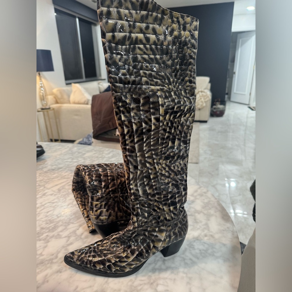 Stylish Over the Knee Boots in Crock patern Black and Brown